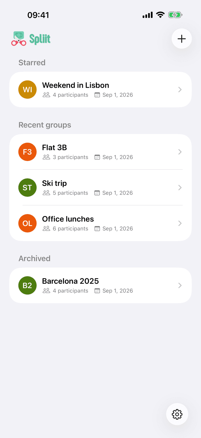 The Spliit home screen on iPhone, listing starred, recent and archived groups